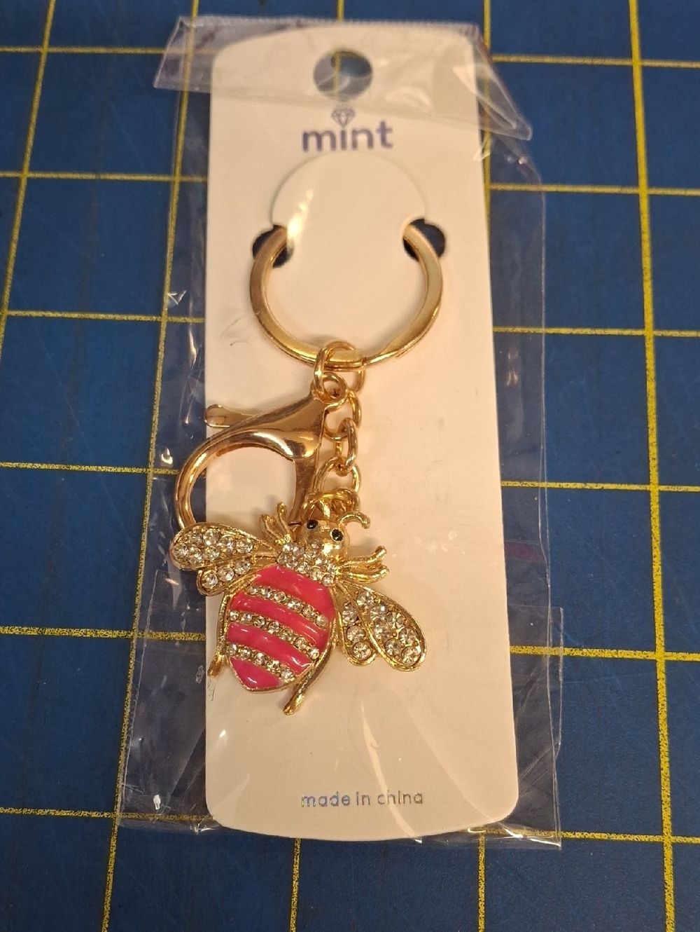 Mint Gold Bee Keychain Purse Charm Pink Stripes & Crystal Wings 3" New